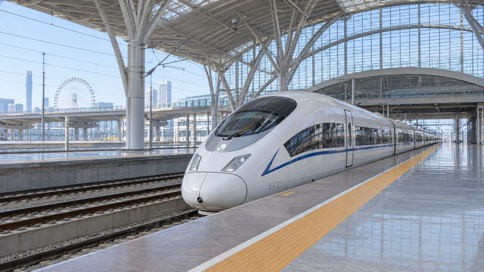 High-speed train waiting at a Tianjin station platform