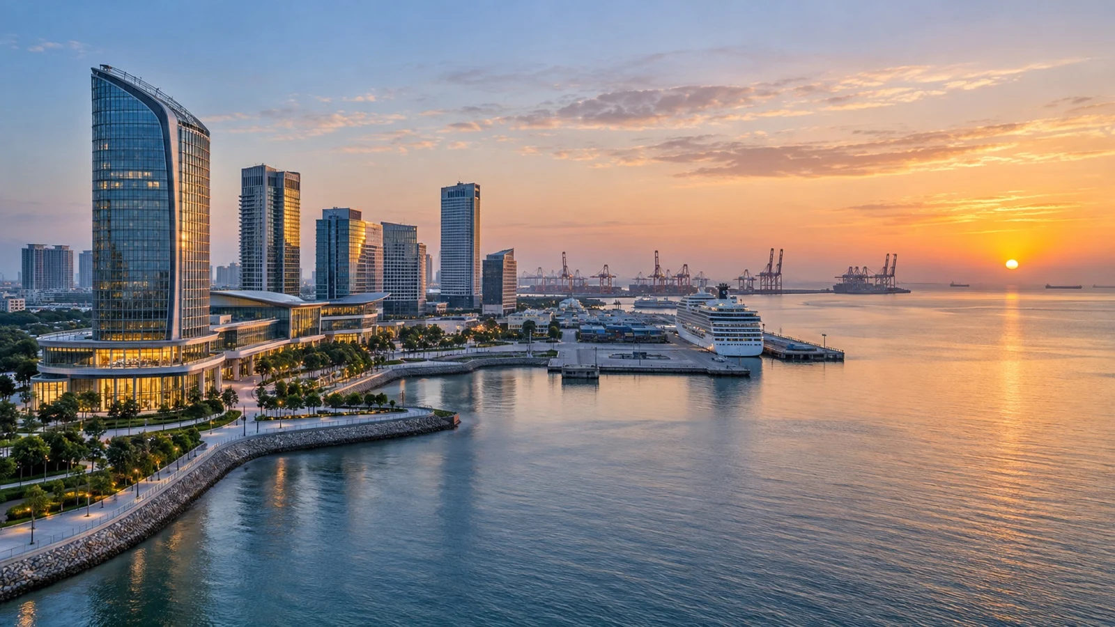 Panoramic Tianjin Binhai waterfront with contemporary hotels, harbor and Bohai coast