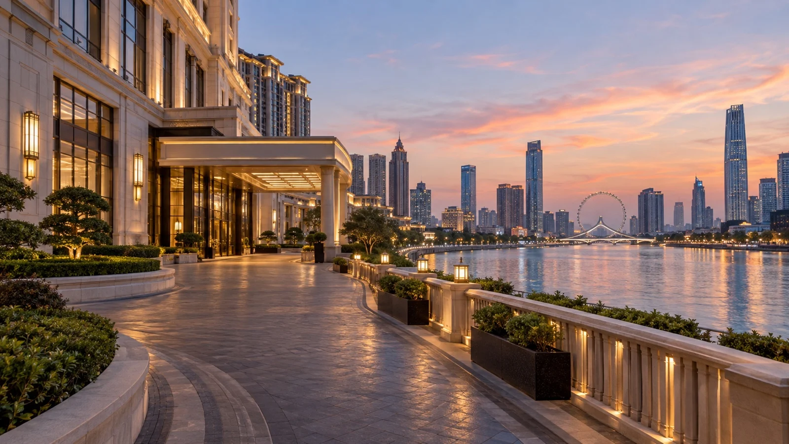 Elegant luxury hotel exterior in central Tianjin overlooking the Hai River and modern skyline