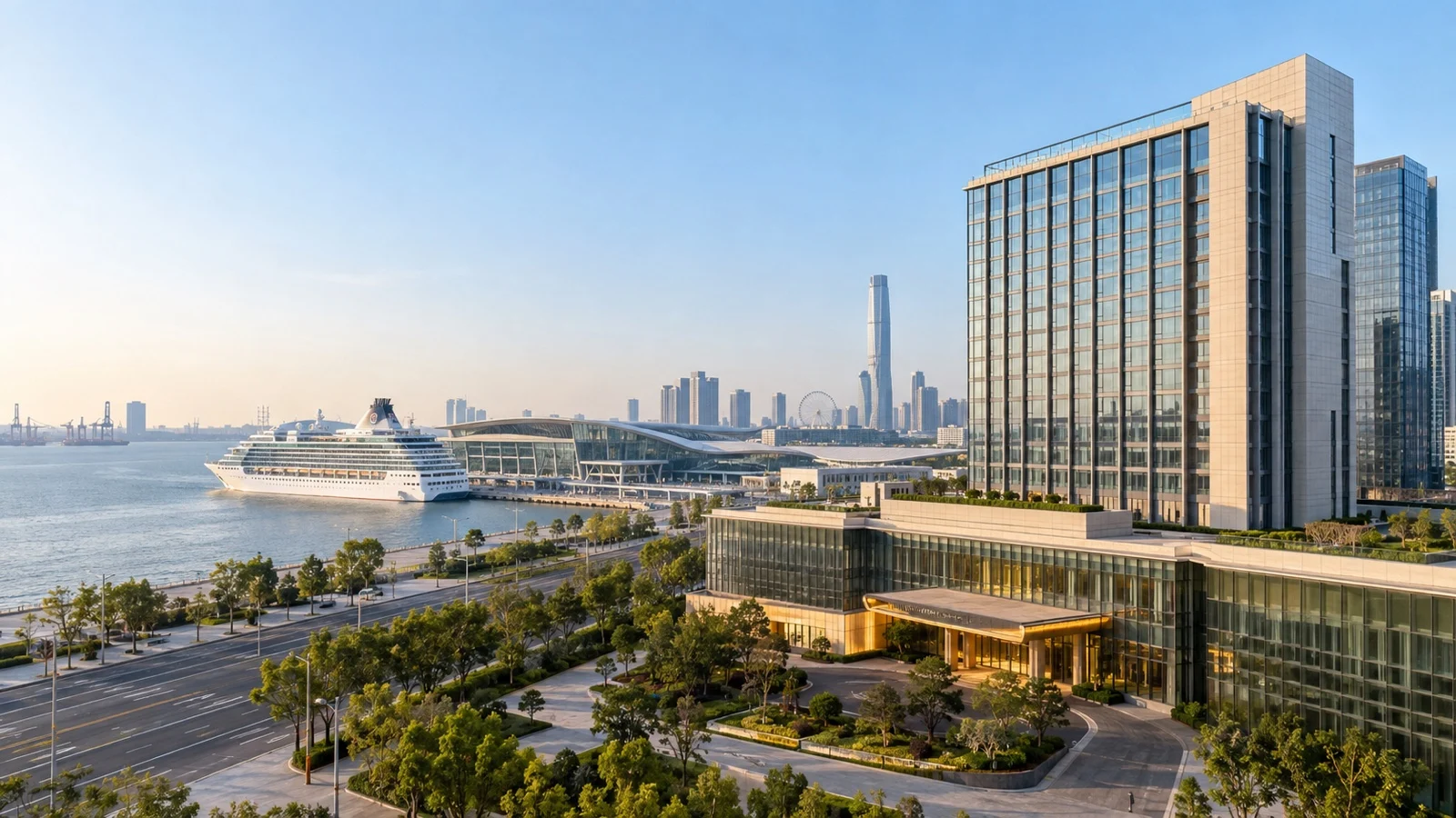 Practical modern hotel buildings in Tianjin's Binhai New Area near the cruise port