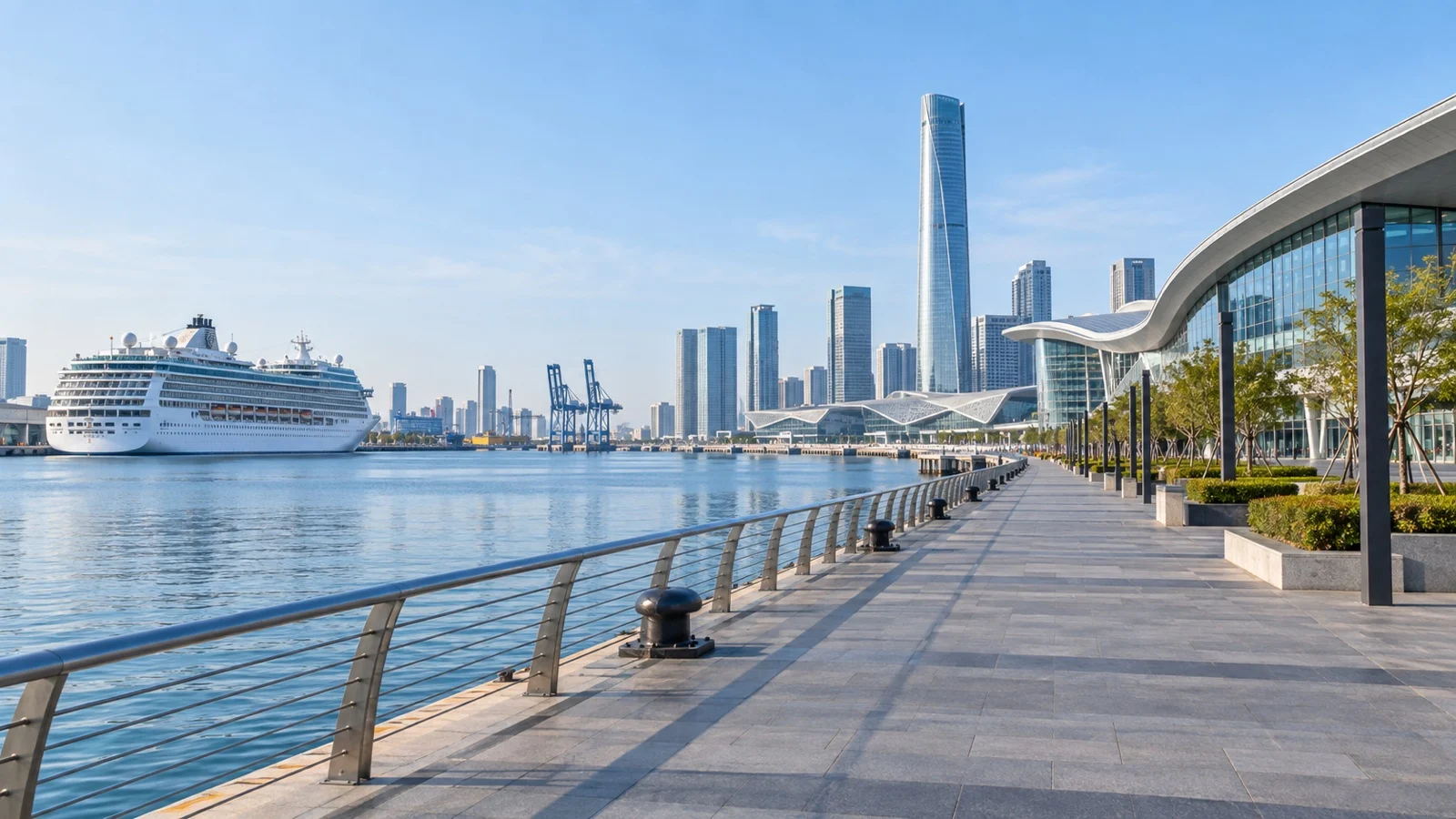 Modern Binhai waterfront promenade and harbor architecture in Tianjin