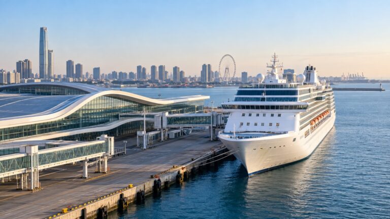 Tianjin International Cruise Home Port at Dongjiang with a white cruise ship at the modern coastal terminal on Bohai Bay