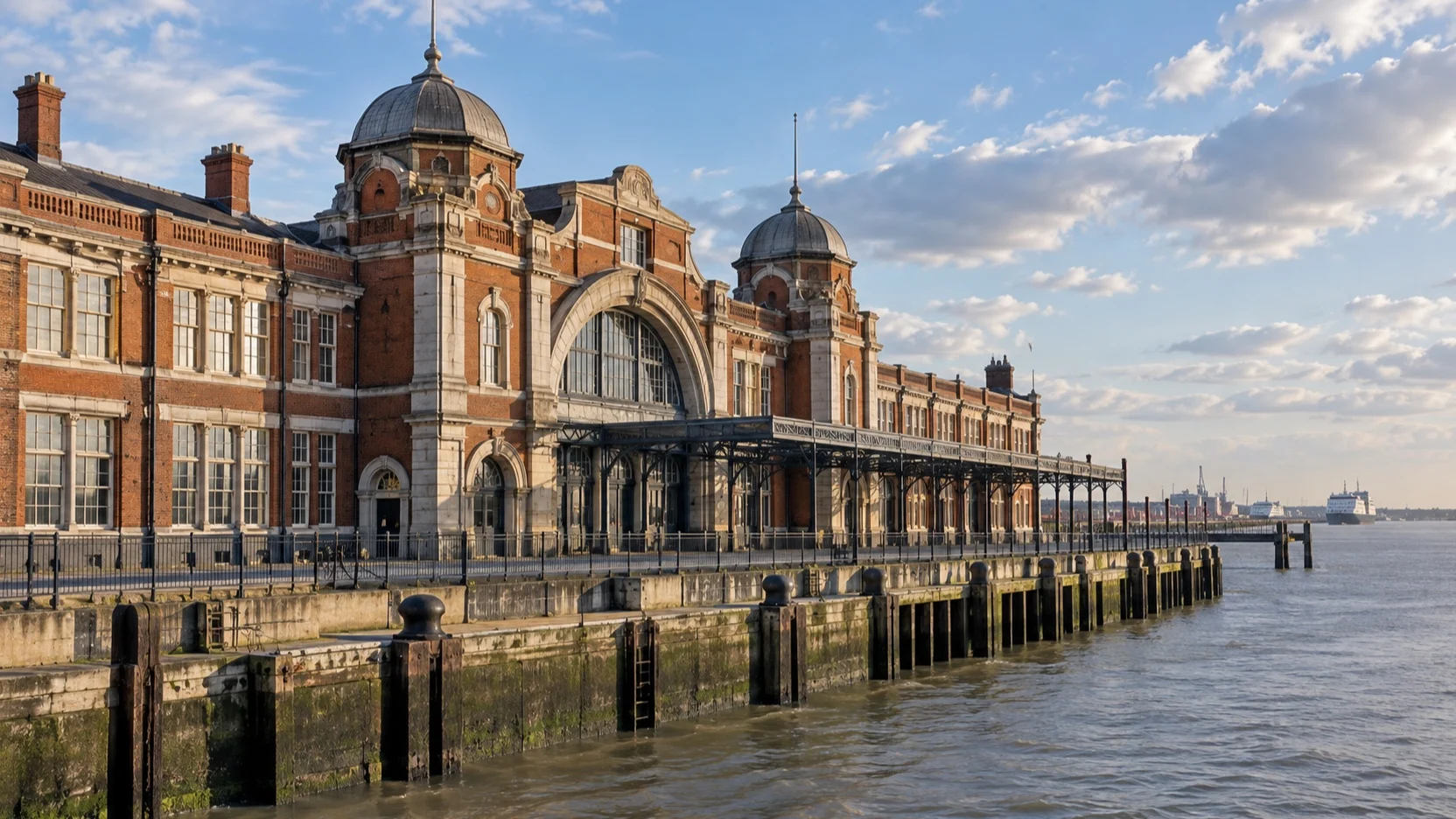 The red-brick historic Tilbury Riverside station beside the Thames