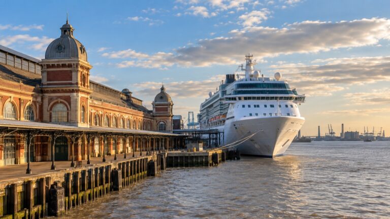 A cruise ship beside the historic Tilbury Riverside terminal on the Thames