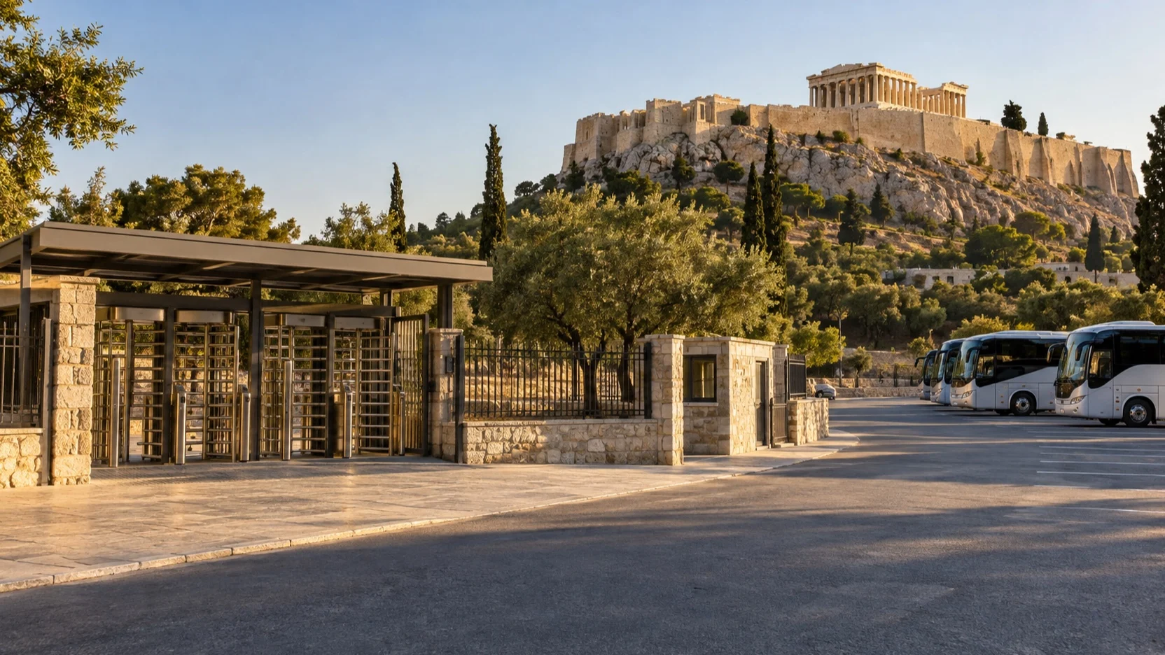 Empty Athens attraction entrance with tour buses parked beyond