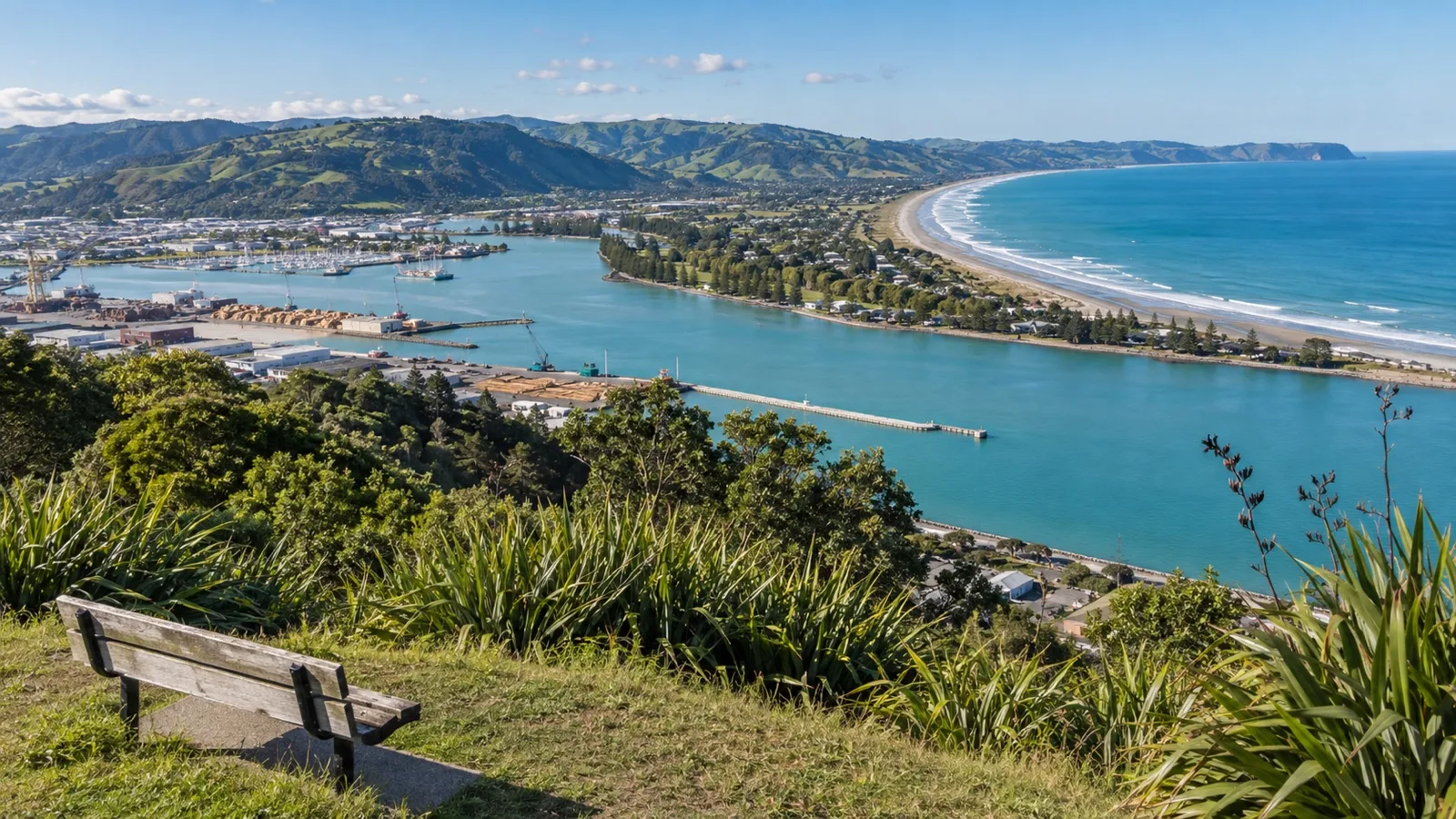 Gisborne harbor and coast viewed from Titirangi Kaiti Hill