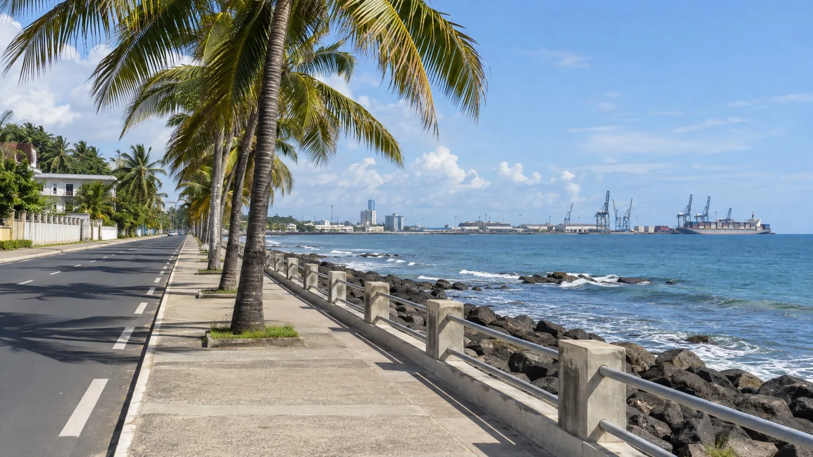 Palm-lined waterfront boulevard in Toamasina