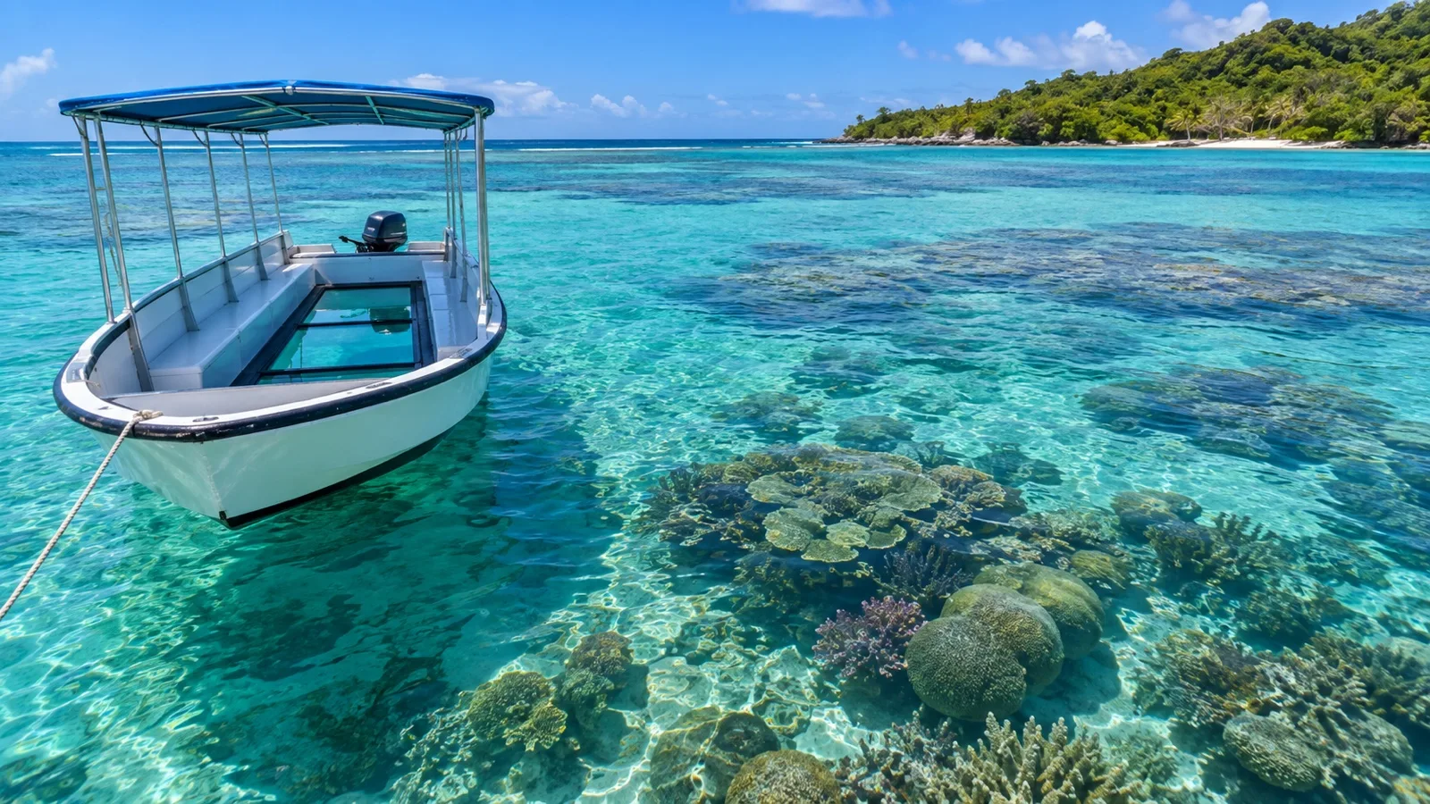Shallow turquoise water and coral at Buccoo Reef off Tobago