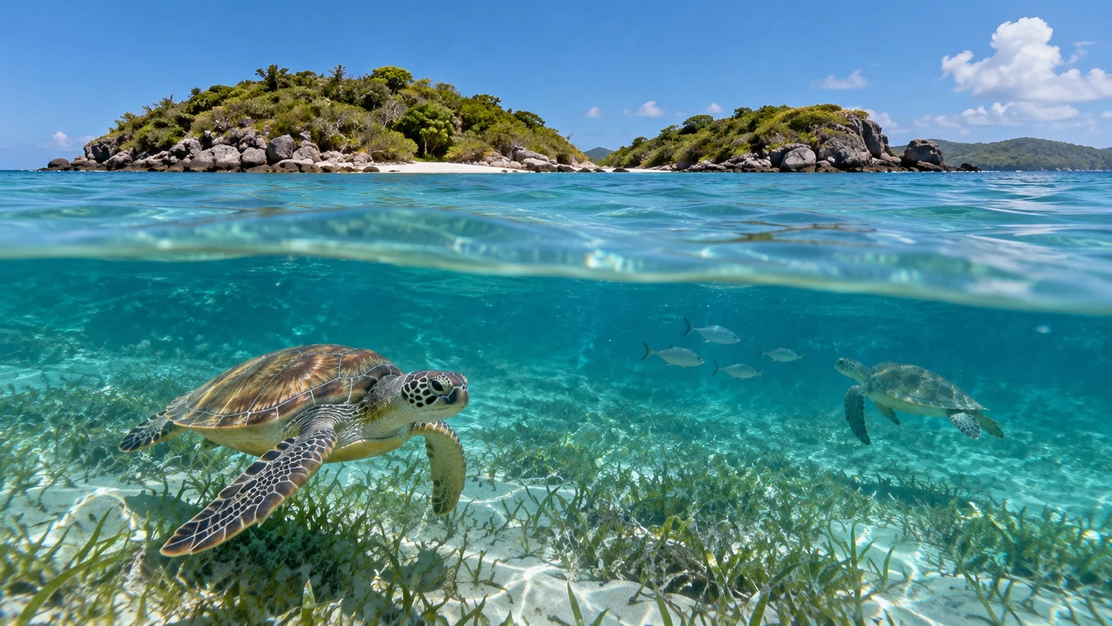 Sea turtles in shallow turquoise water near the Tobago Cays