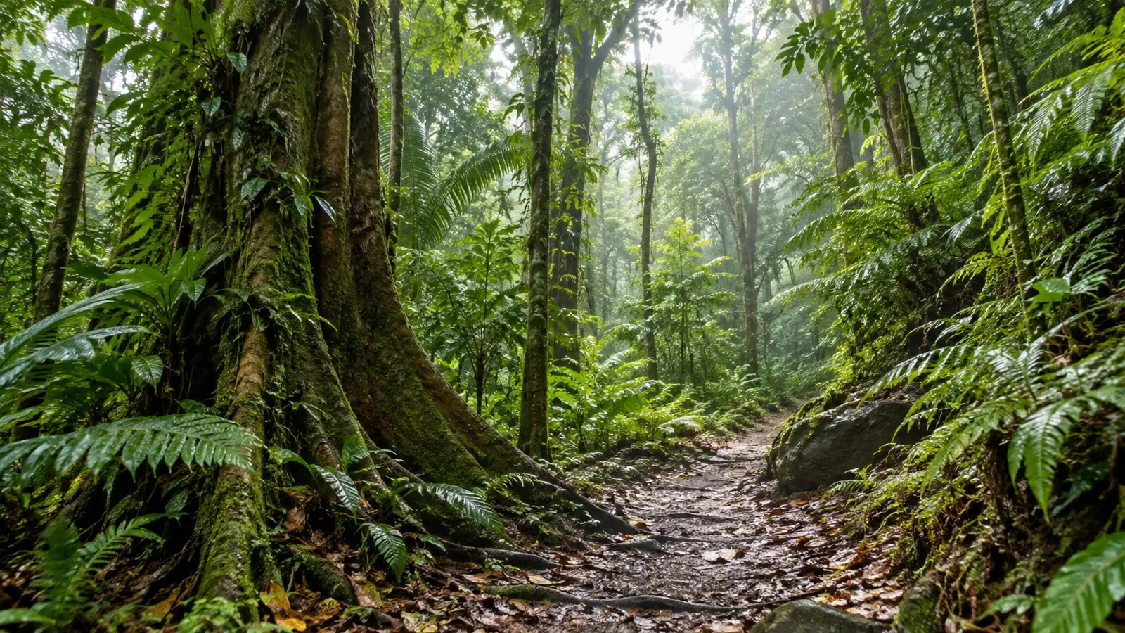 Dense tropical forest path in Tobago’s Main Ridge reserve