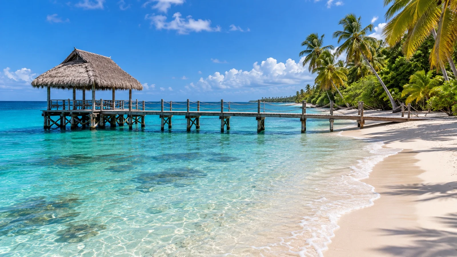 Thatched jetty and turquoise water at Tobago’s Pigeon Point