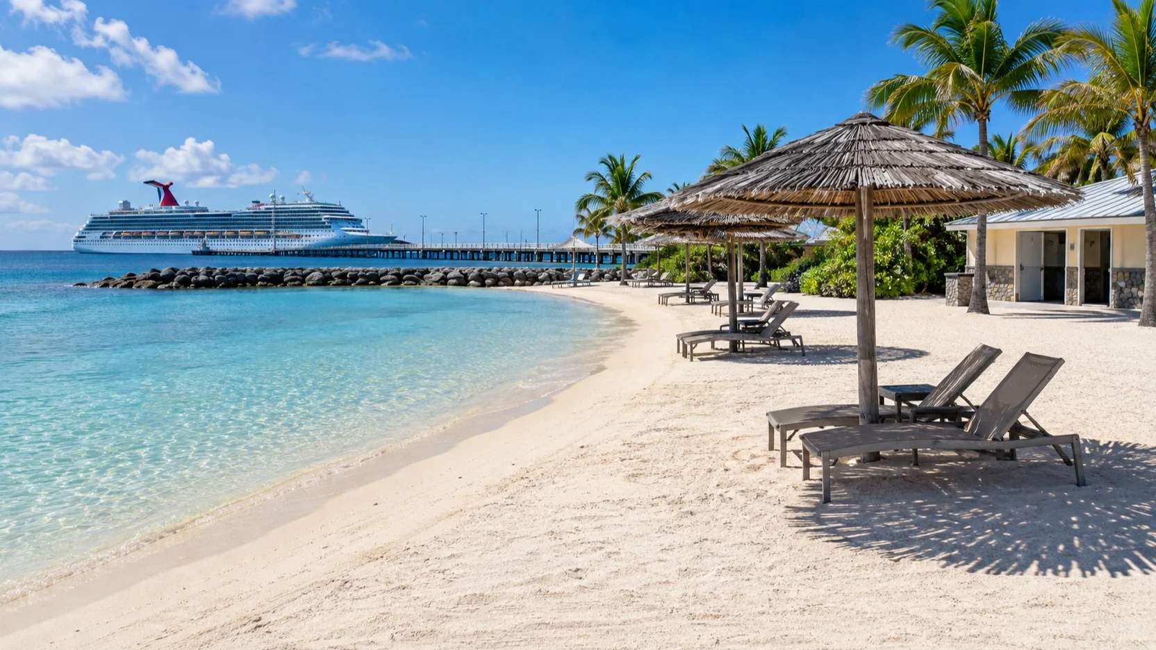 Calm shallow beach with shade close to a cruise pier