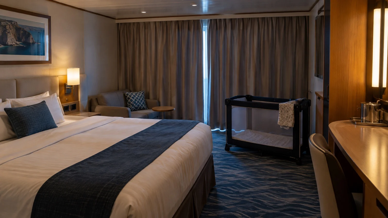 Quiet empty cruise cabin with closed curtains and child-sized travel cot