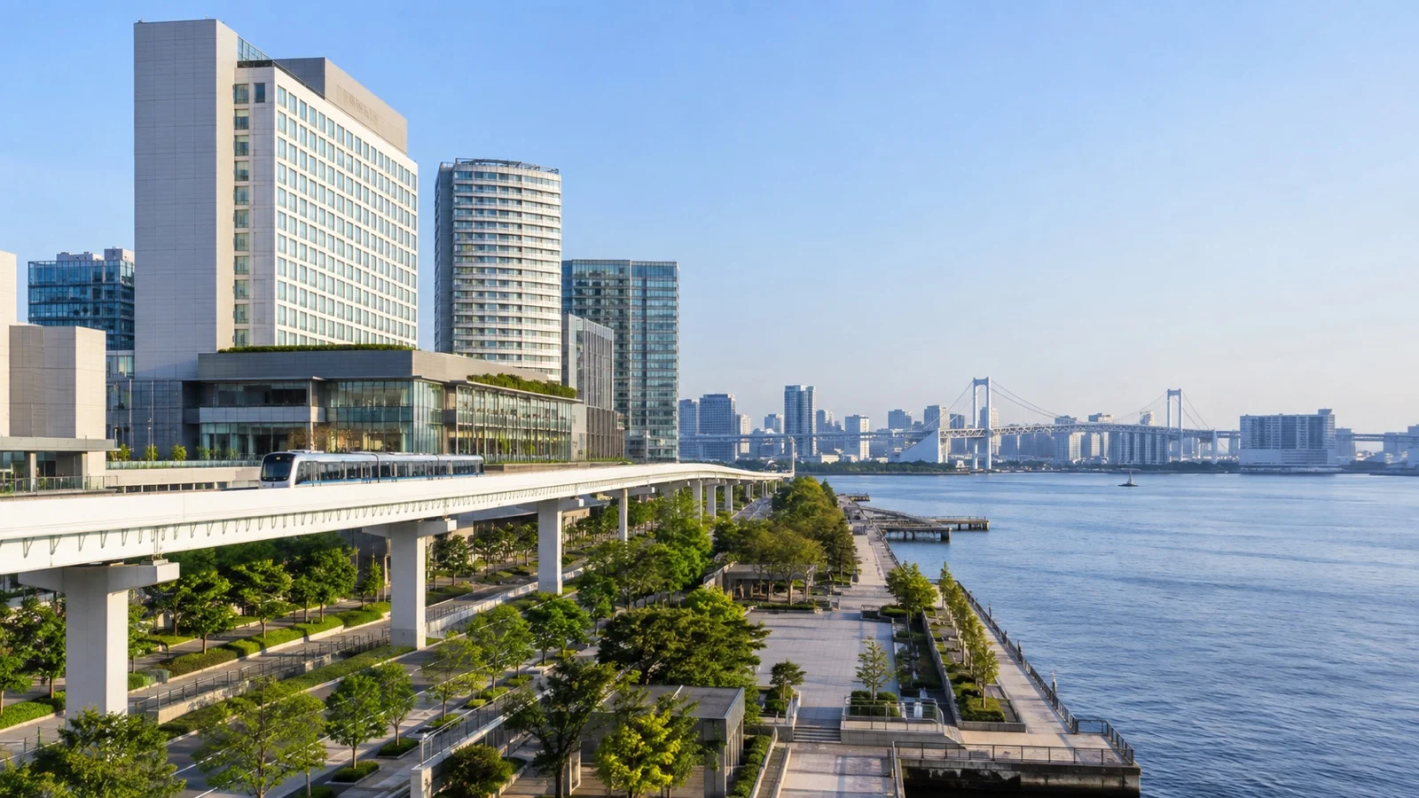 Ariake district near Tokyo Bay with contemporary hotel buildings and elevated transit line