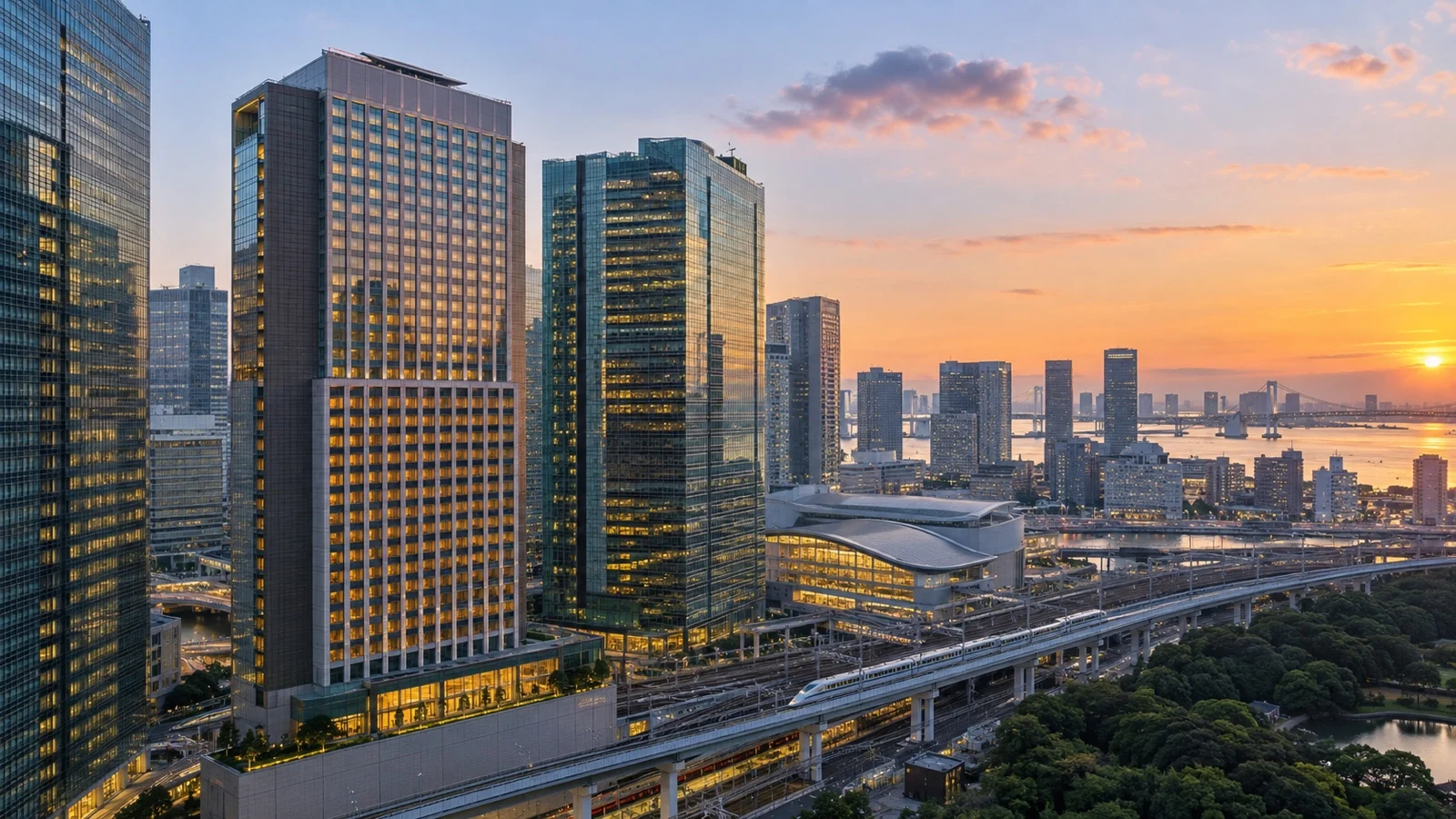 Shiodome district high-rise hotels near modern Tokyo railway connections and bay skyline