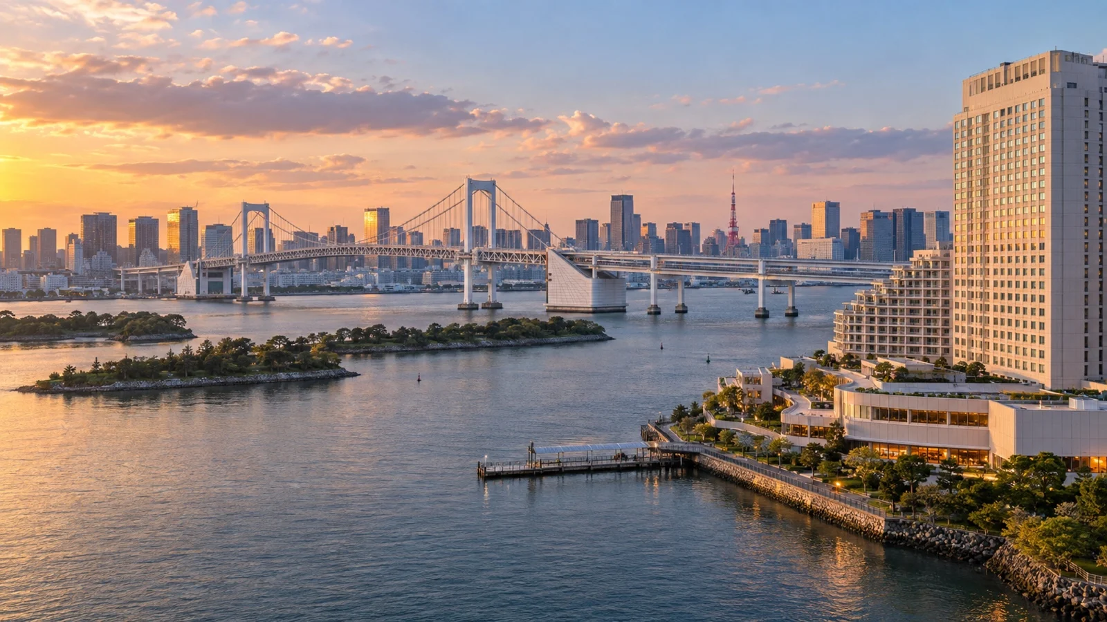 Odaiba waterfront with hotels, Rainbow Bridge and Tokyo Bay skyline
