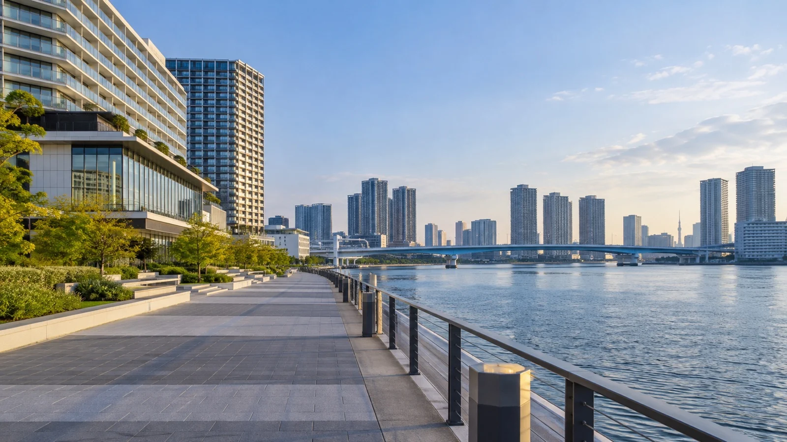 Toyosu waterfront with contemporary hotels, Tokyo Bay promenade and distant city towers
