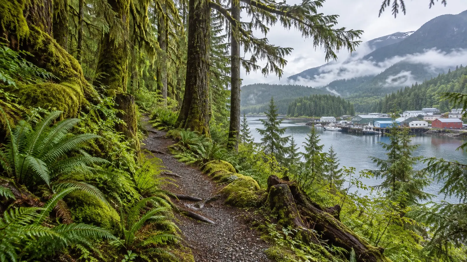 Mossy spruce and cedar trail in Tongass National Forest
