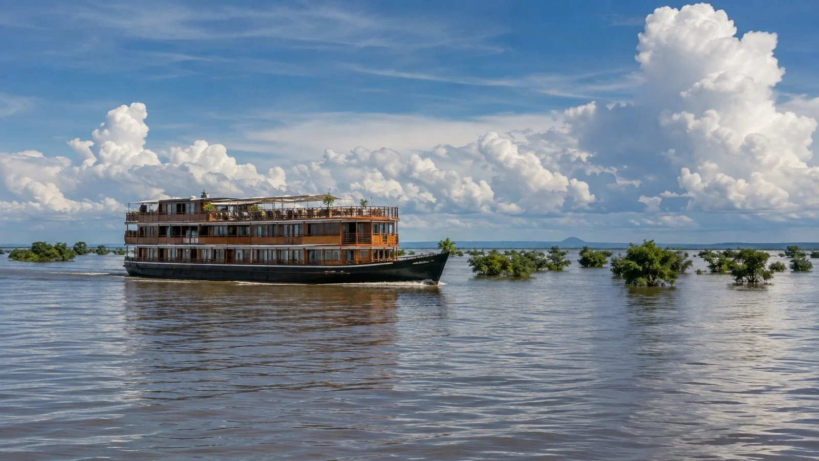 Wide Tonle Sap Lake waterway in Cambodia