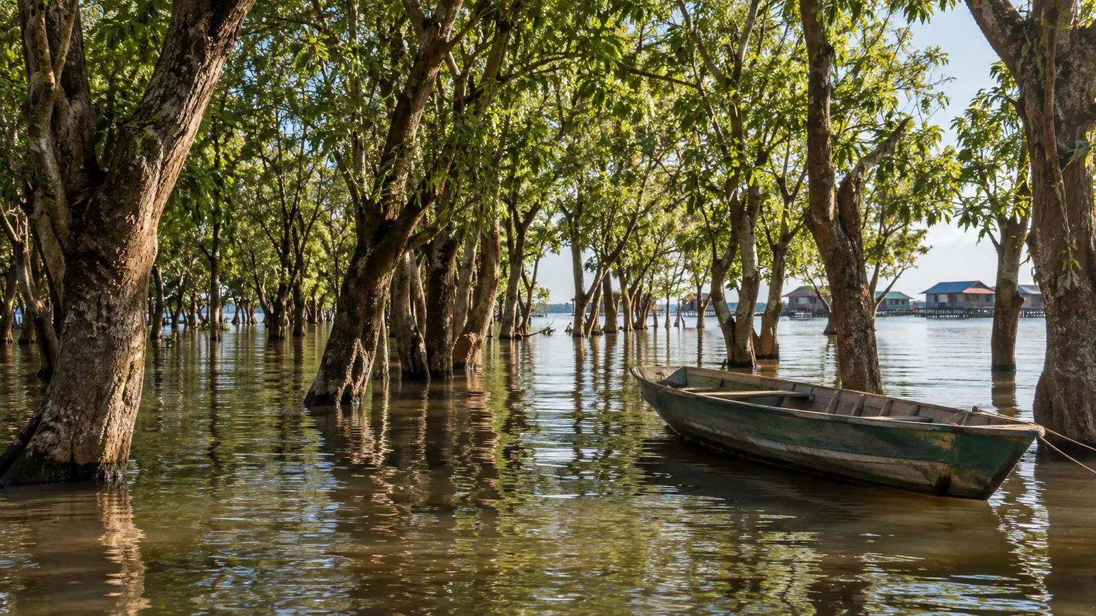 a flooded forest on Tonle Sap Lake with water among tree trunks and a small empty boat