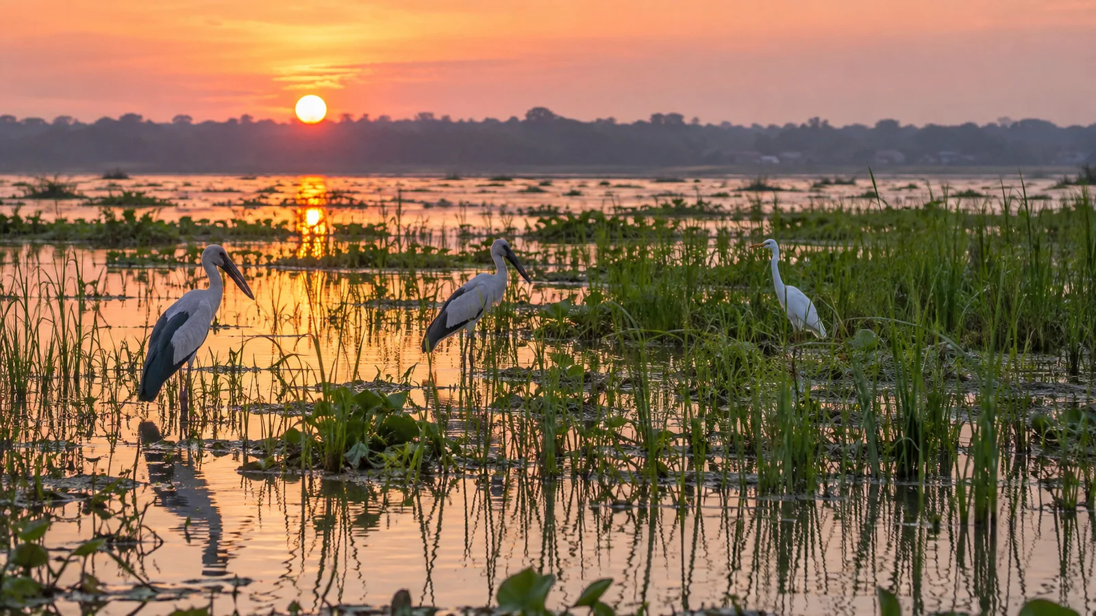 wild waterbirds standing among reeds in the Tonle Sap biosphere reserve at dawn