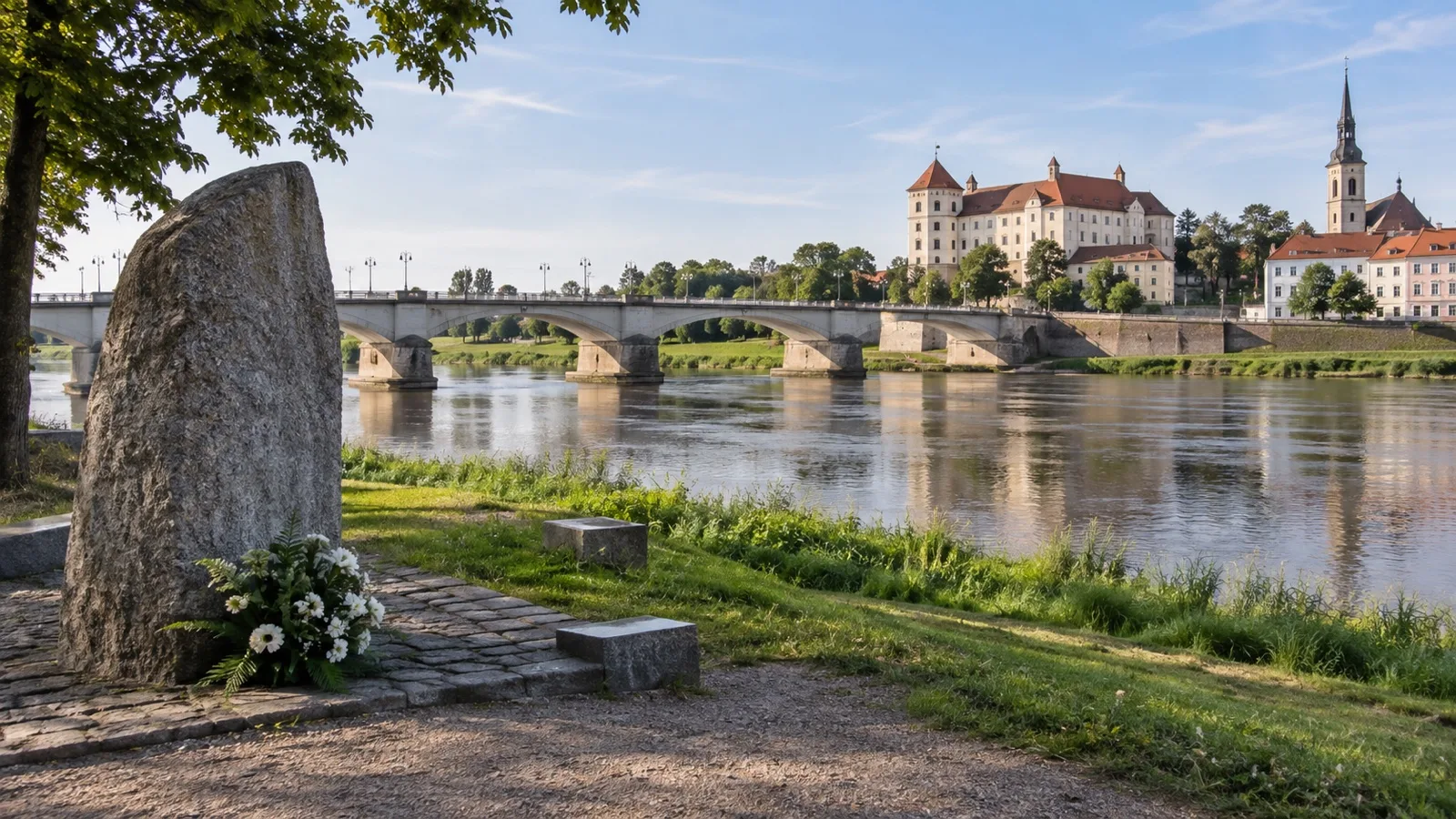 Stone memorial overlooking the Elbe bridge at Torgau