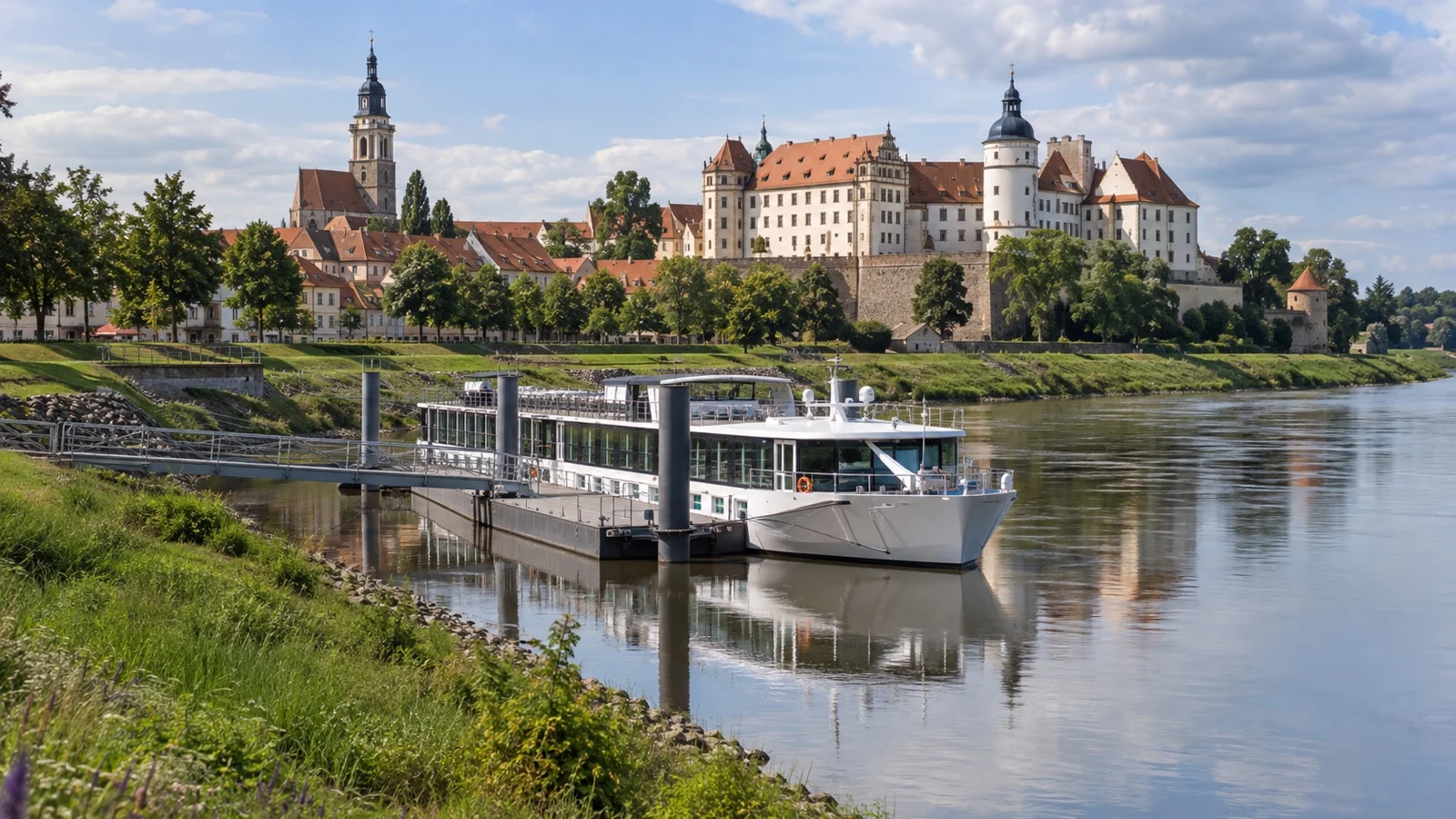 River cruise ship moored on the Elbe below the Torgau castle and church skyline