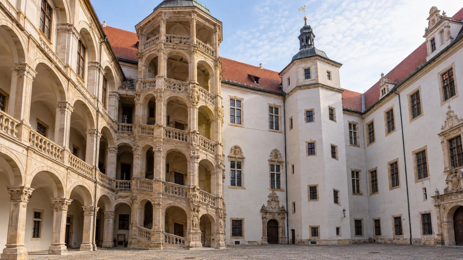 Open Renaissance spiral staircase in the Hartenfels Castle courtyard