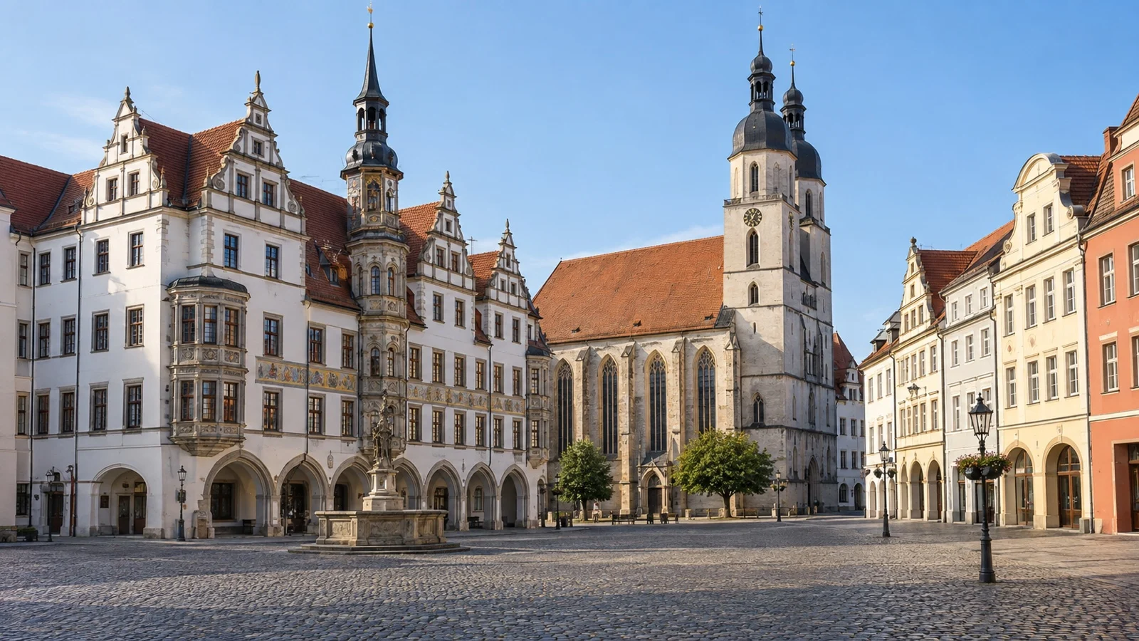 Torgau market square with ornate town facades and St. Mary’s Church
