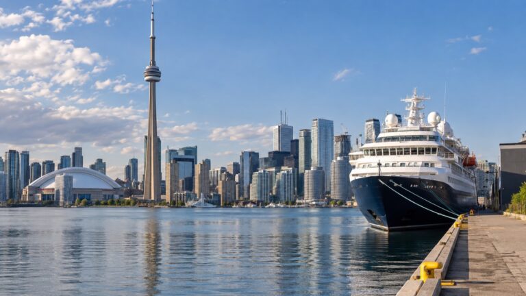 Small cruise ship at Toronto Port Lands with CN Tower