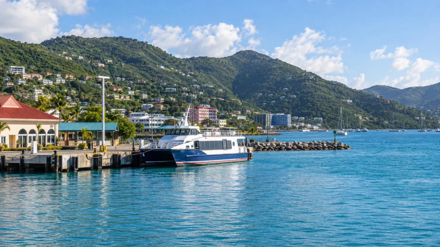 Ferry at Road Town waterfront for a British Virgin Islands day trip