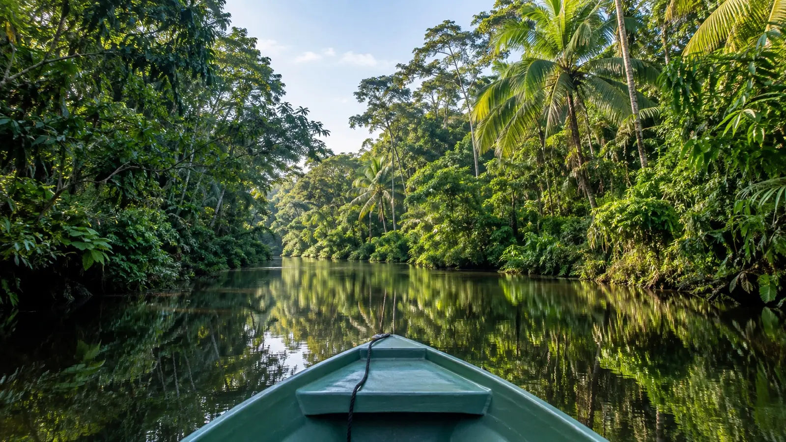 Boat on a rainforest canal near Tortuguero in Costa Rica