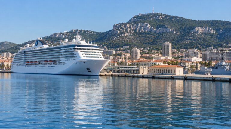 Cruise ship at Toulon’s city berth beneath Mont Faron