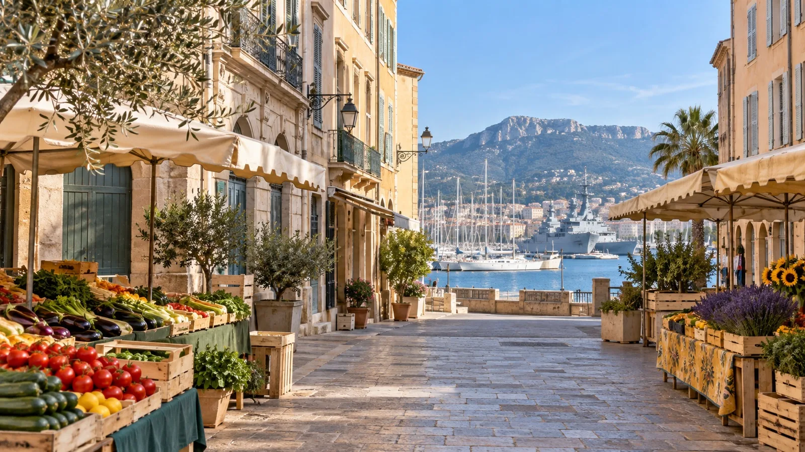 Quiet Toulon old town street with Provençal market stalls