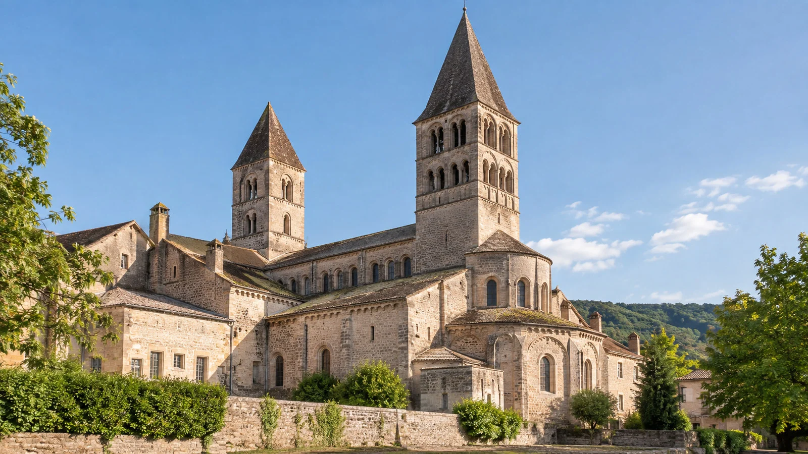 Abbey of Saint-Philibert Tournus France massive Romanesque stone facade and towers, no people