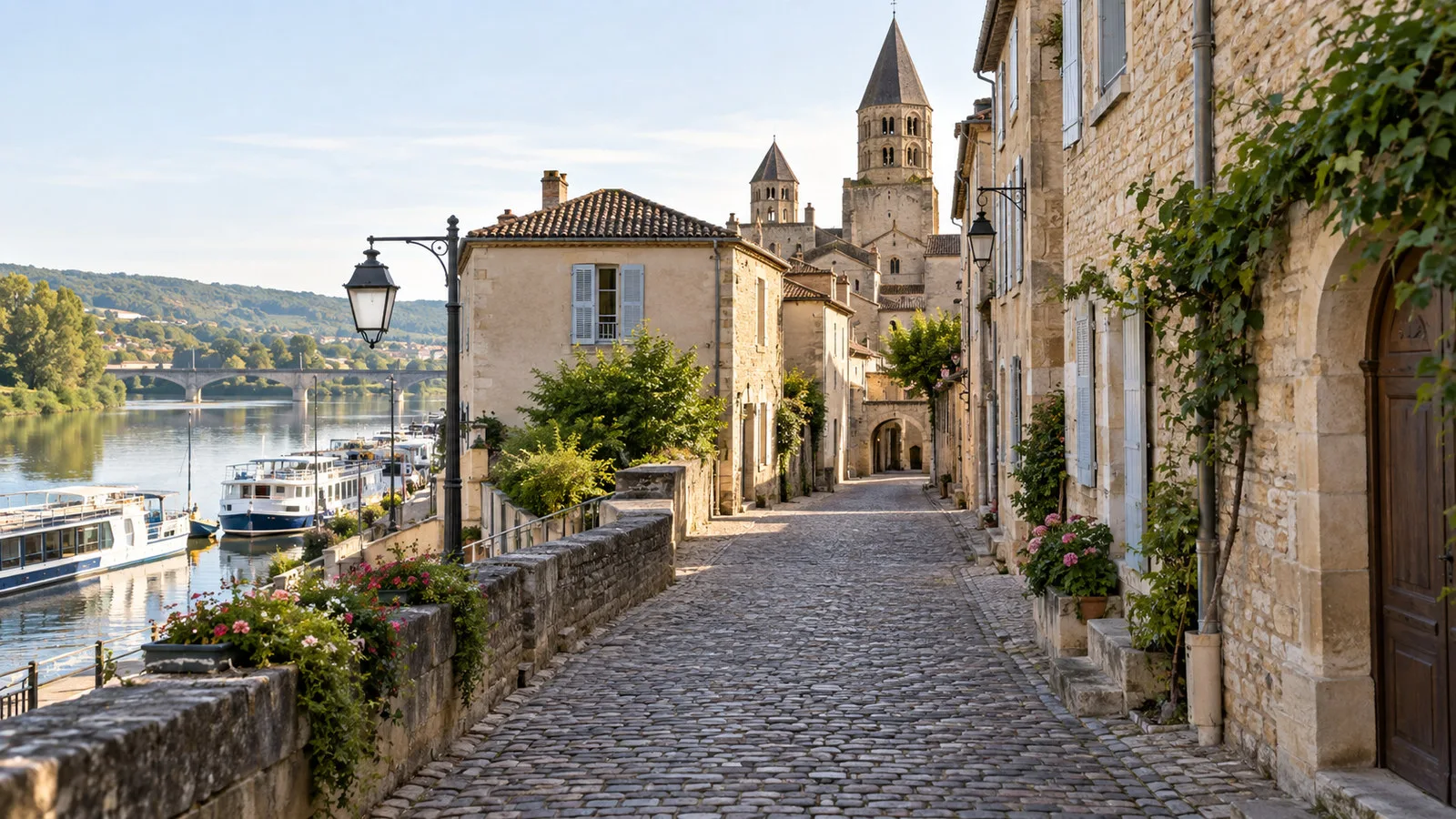 Quiet cobblestone route from Tournus riverfront into old town with warm stone buildings, no people