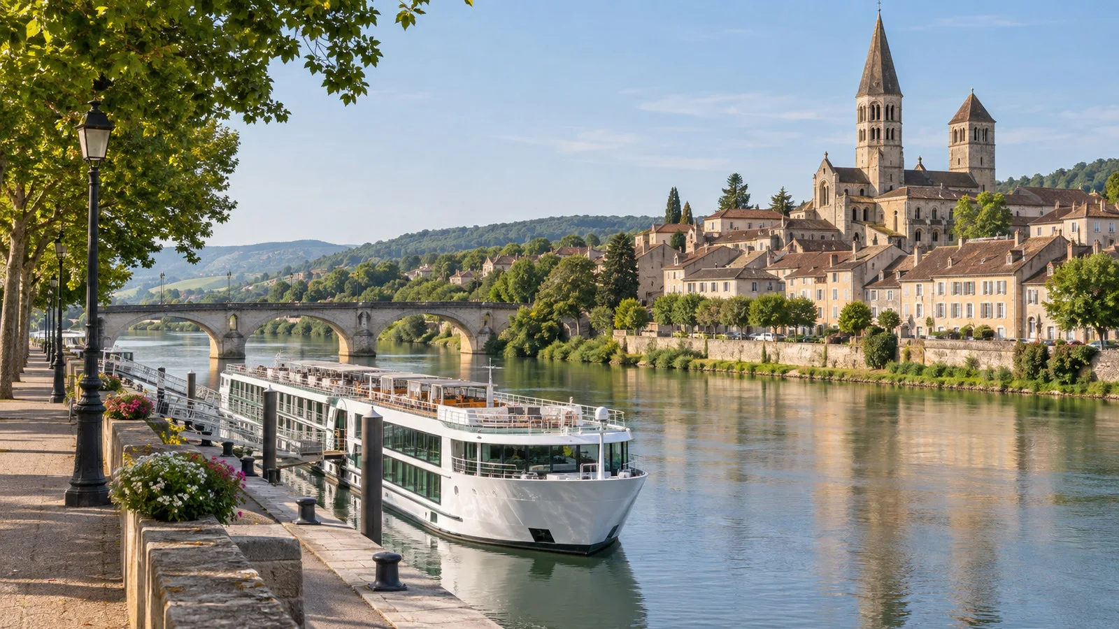River cruise mooring on Saone at Tournus with promenade, bridge and Burgundy town, no people