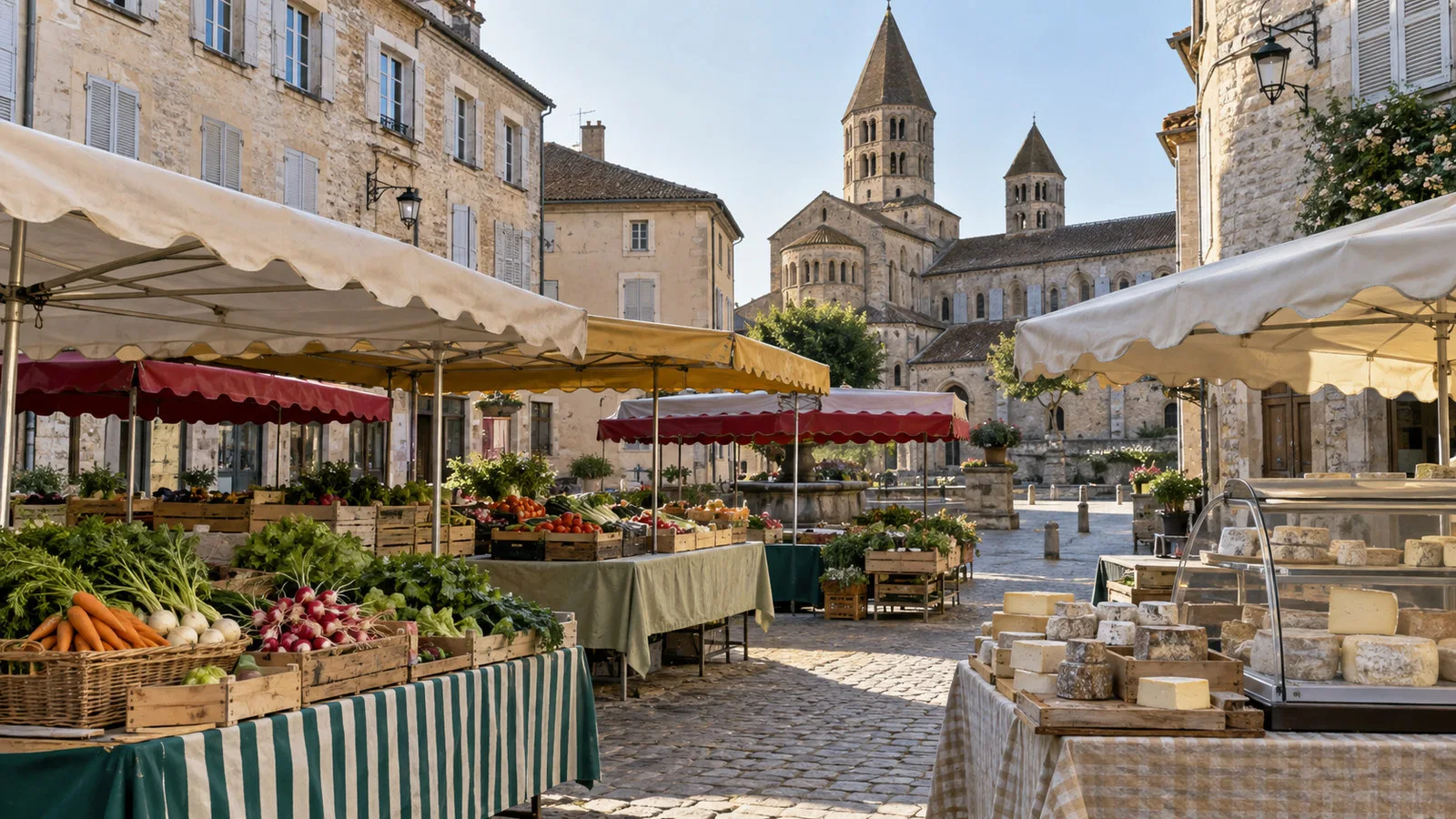 Tournus Burgundy local open-air food market with produce, cheese and awnings in old town, no vendors or shoppers
