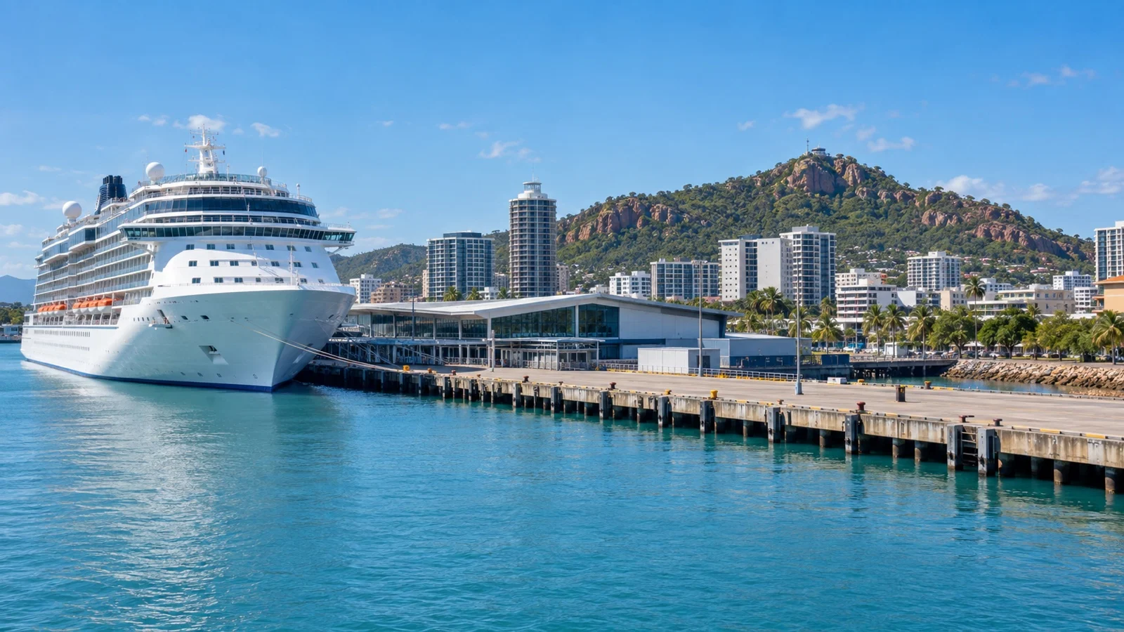 Cruise ship at Townsville Quayside Terminal with Castle Hill beyond