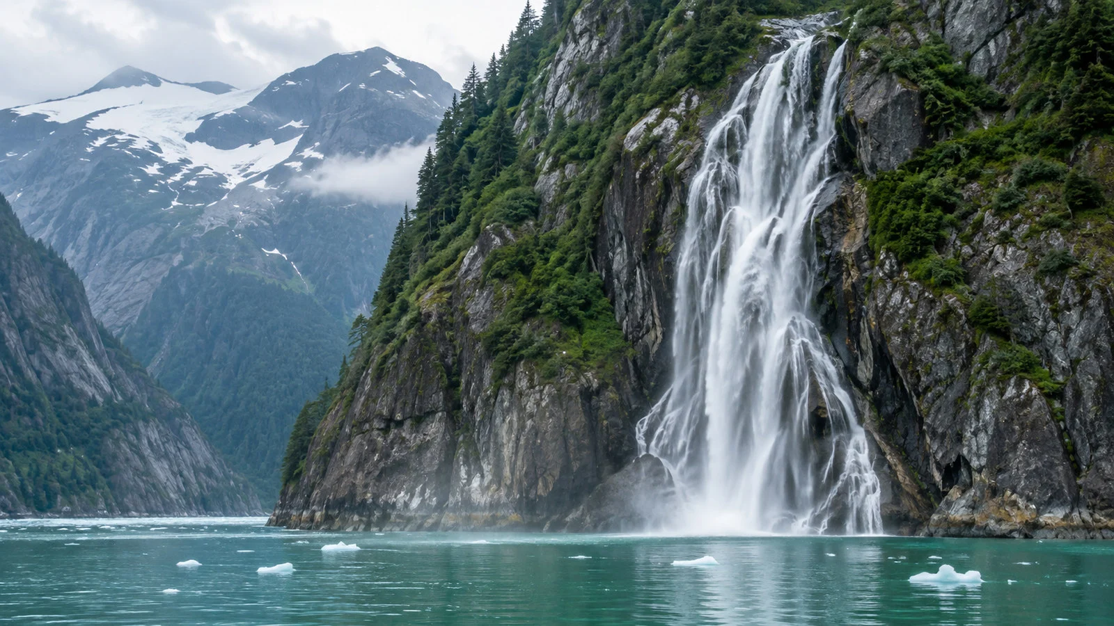 Waterfall descending a Tracy Arm cliff