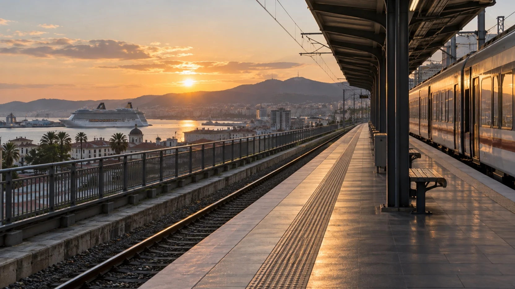 Empty train platform with a cruise ship in the distant harbor at sunset