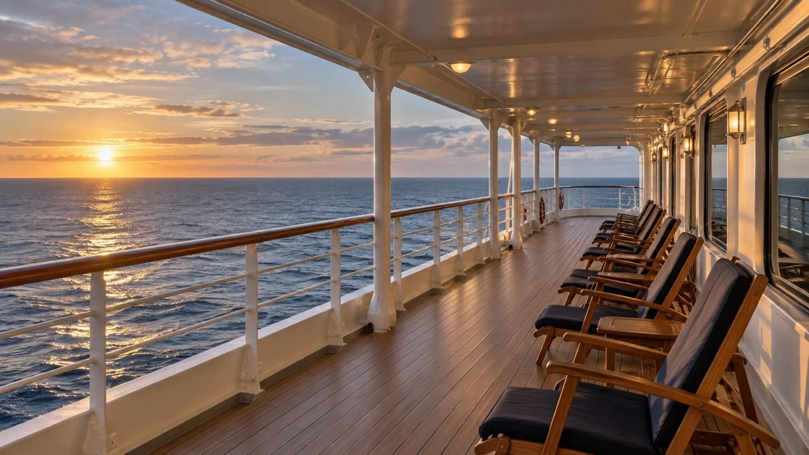 Empty promenade deck on transatlantic vessel