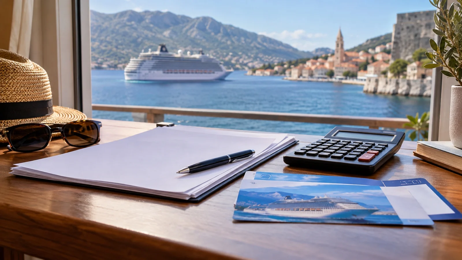 Blank insurance papers, calculator, and cruise ticket on desk, no readable text