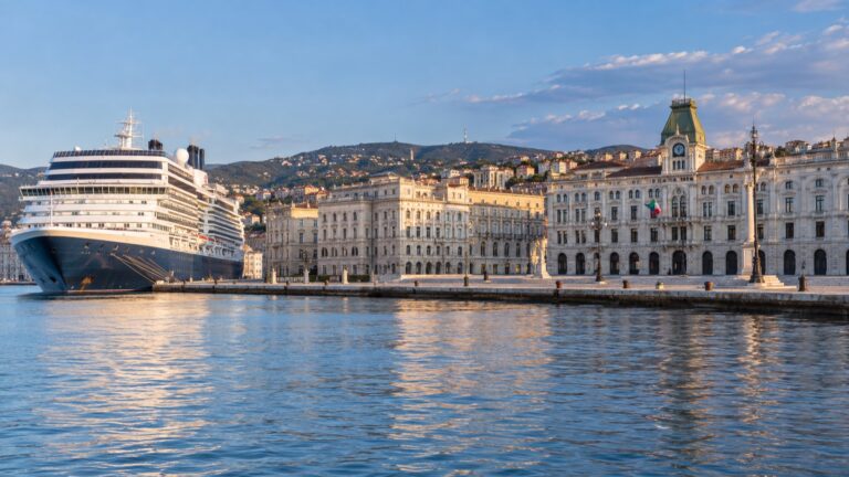 Cruise ship beside Trieste's grand central waterfront