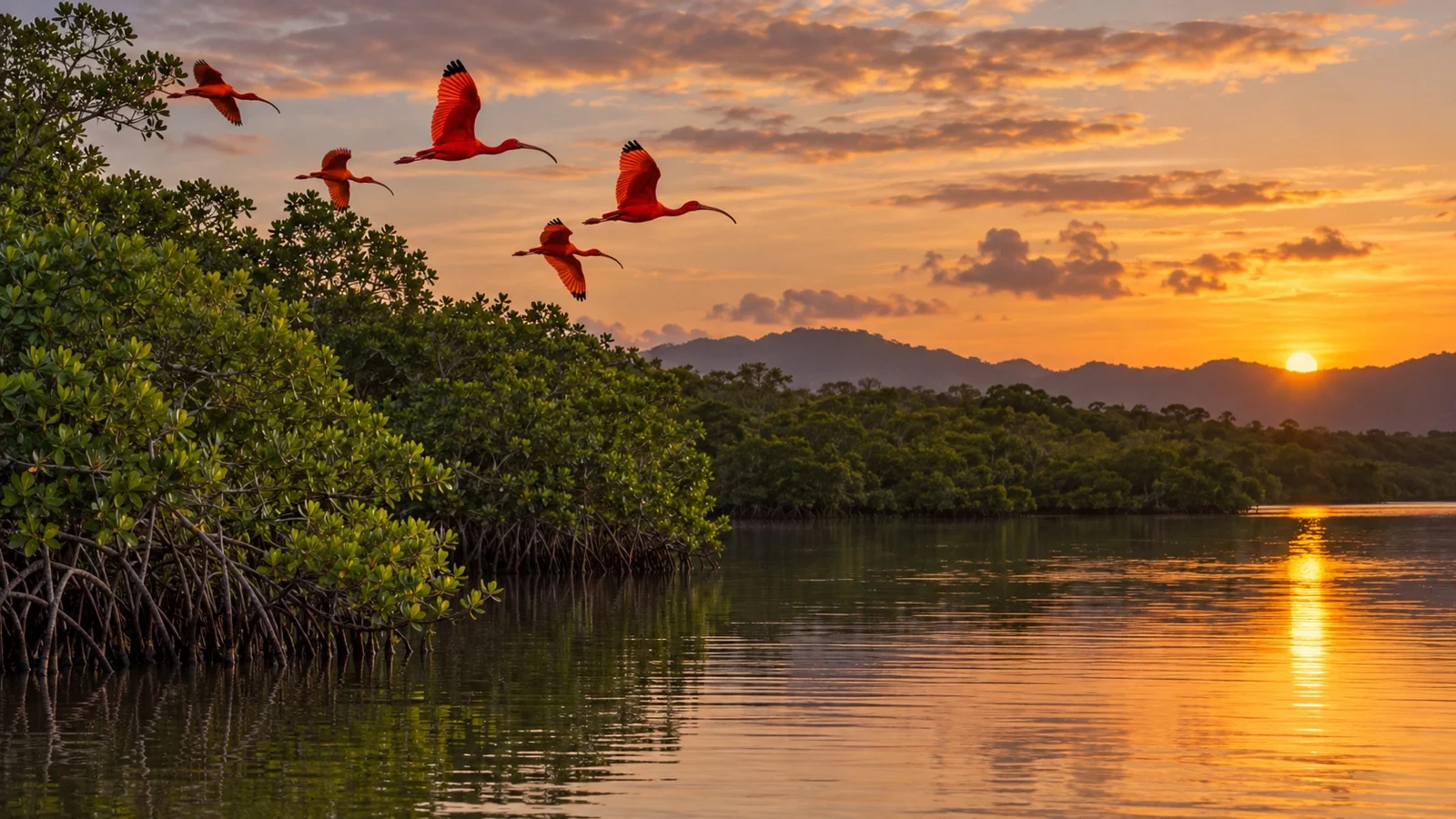 Scarlet ibises flying above the mangroves of Trinidad’s Caroni Swamp