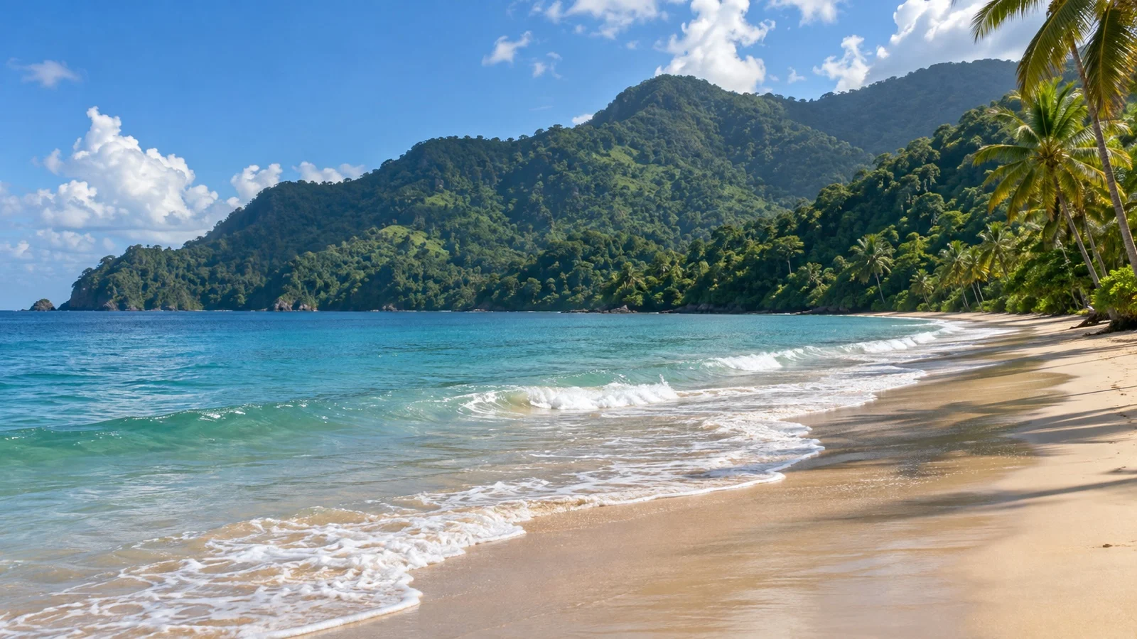 Empty Maracas Bay beach beneath Trinidad’s green Northern Range