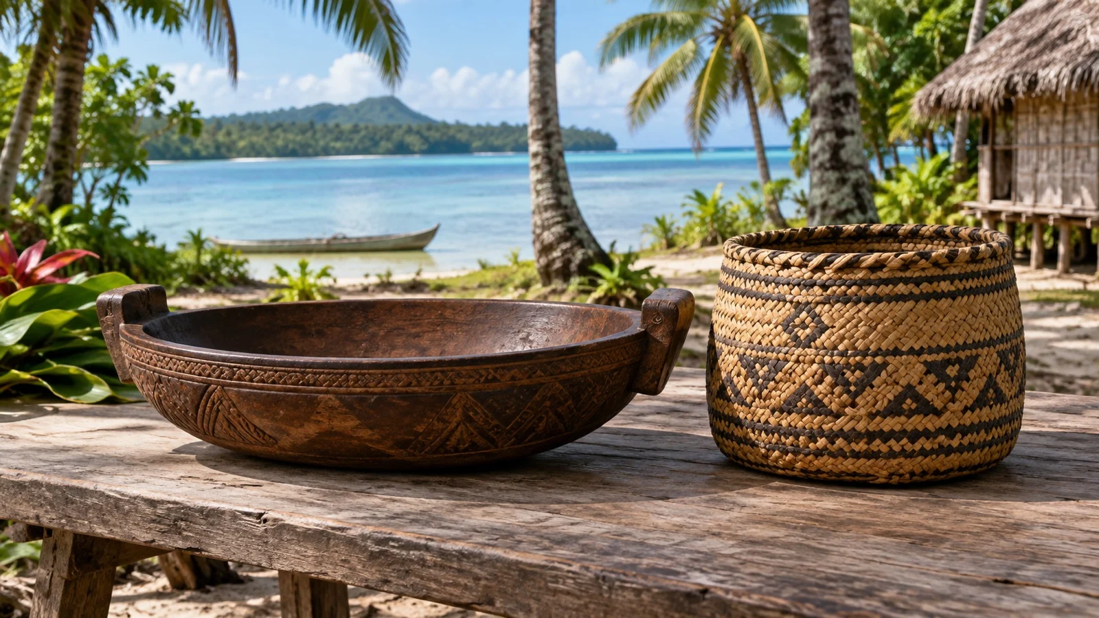 Carved bowl and woven basket from the Trobriand Islands