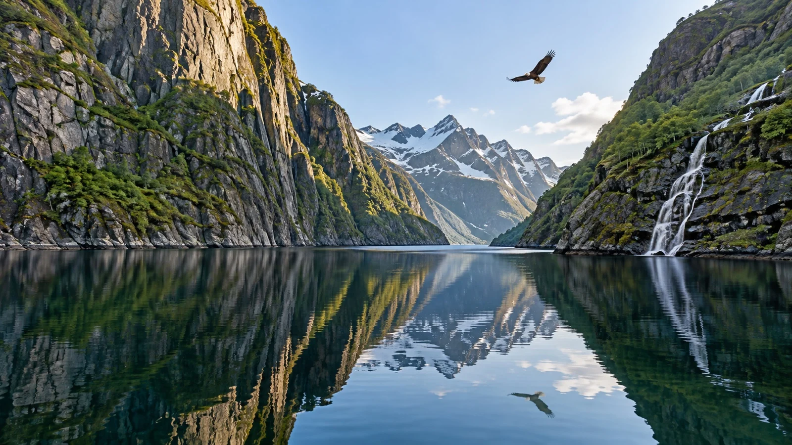 Trollfjord cliffs reflected in still water