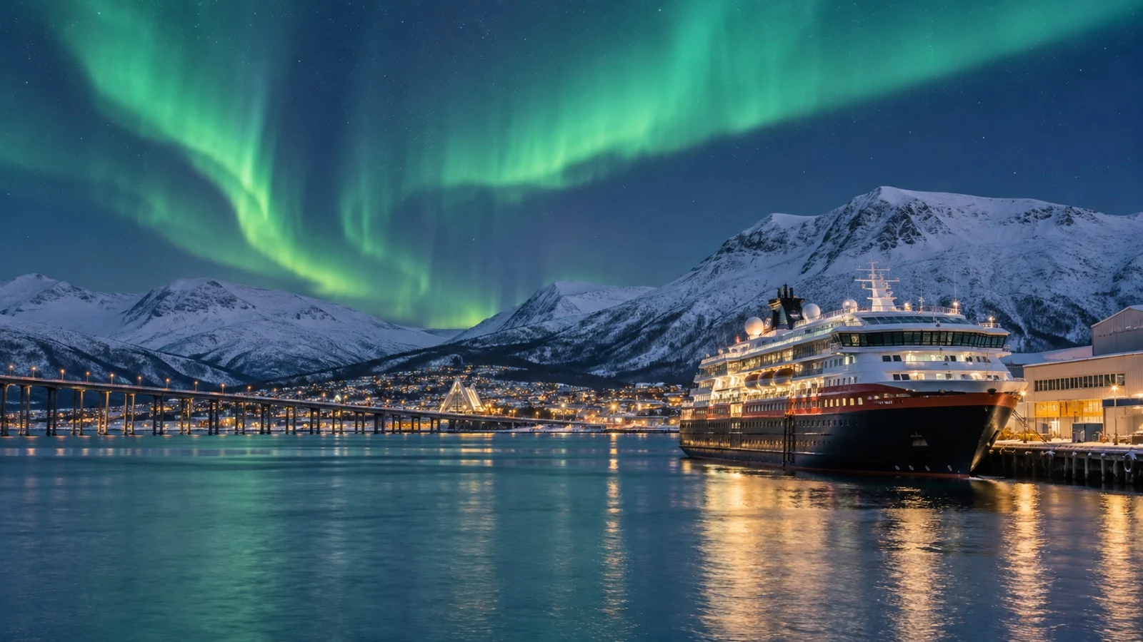 Tromsø cruise harbor under Northern Lights