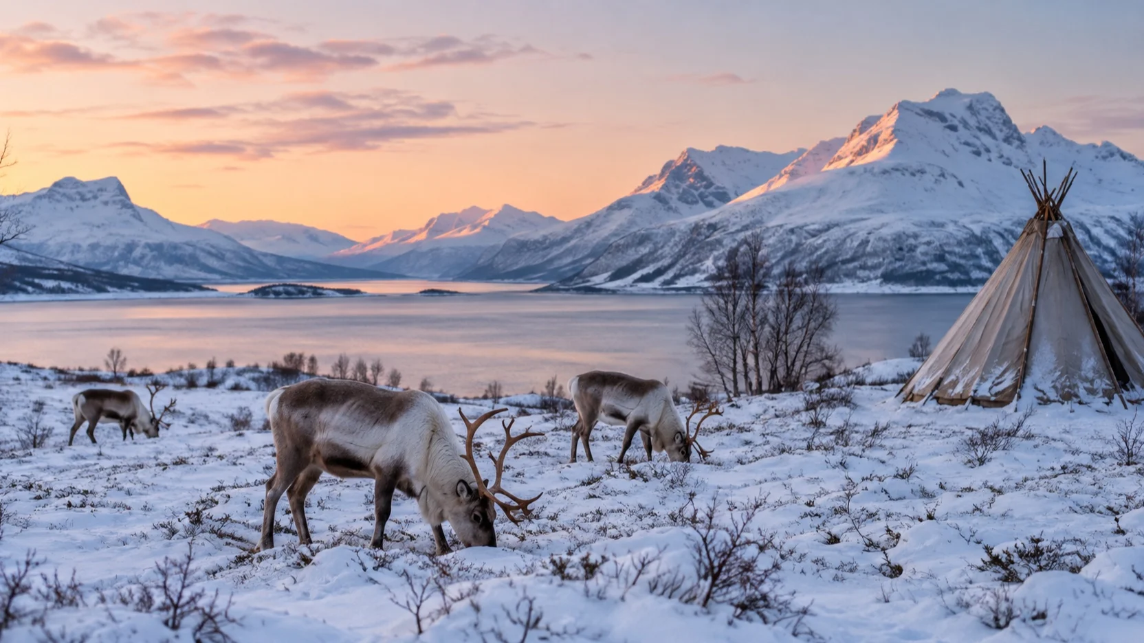 Reindeer graze near a Sami tent on snowy tundra outside Tromsø